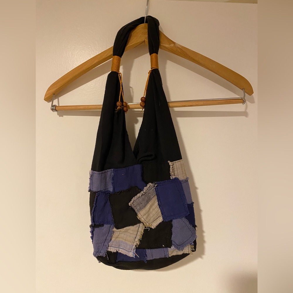 Patchwork Fabric Satchel Purse /Tote Bag - Black and Blue